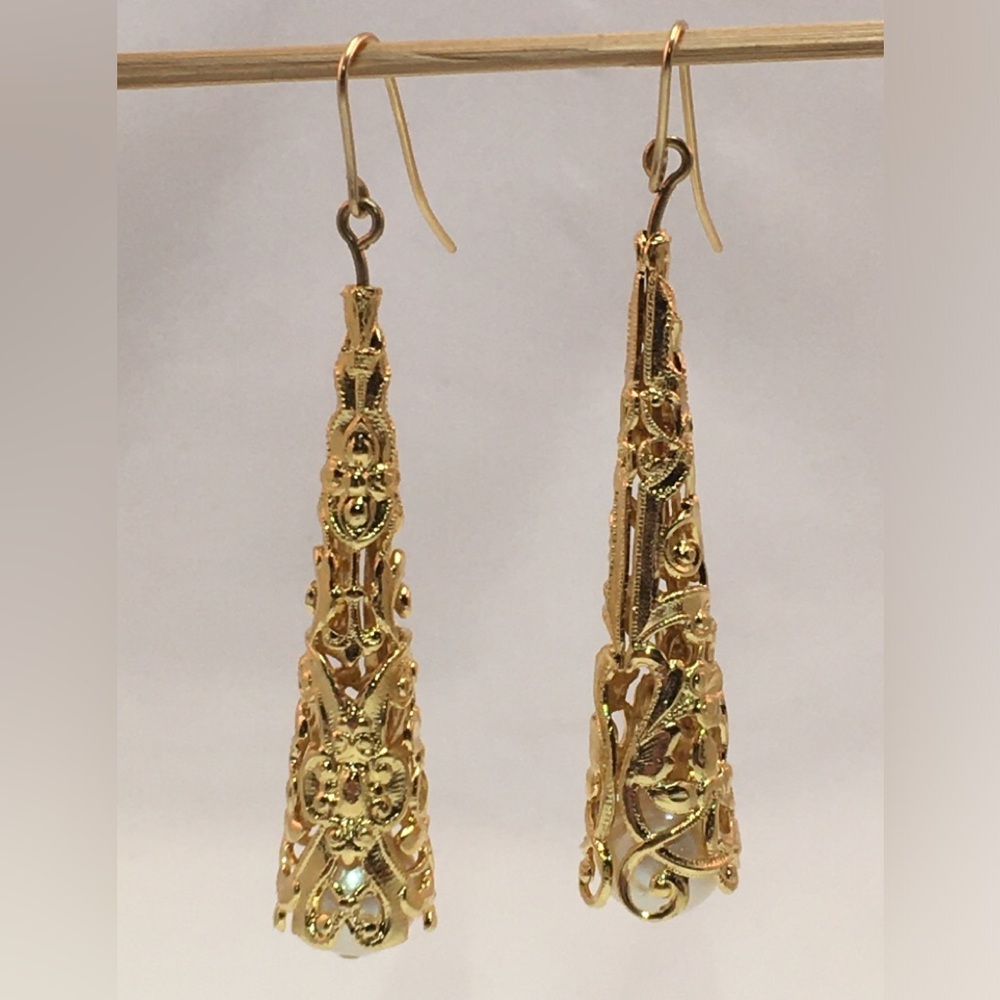 Gold Filigree Cone Drop with Faux Pearl Earrings